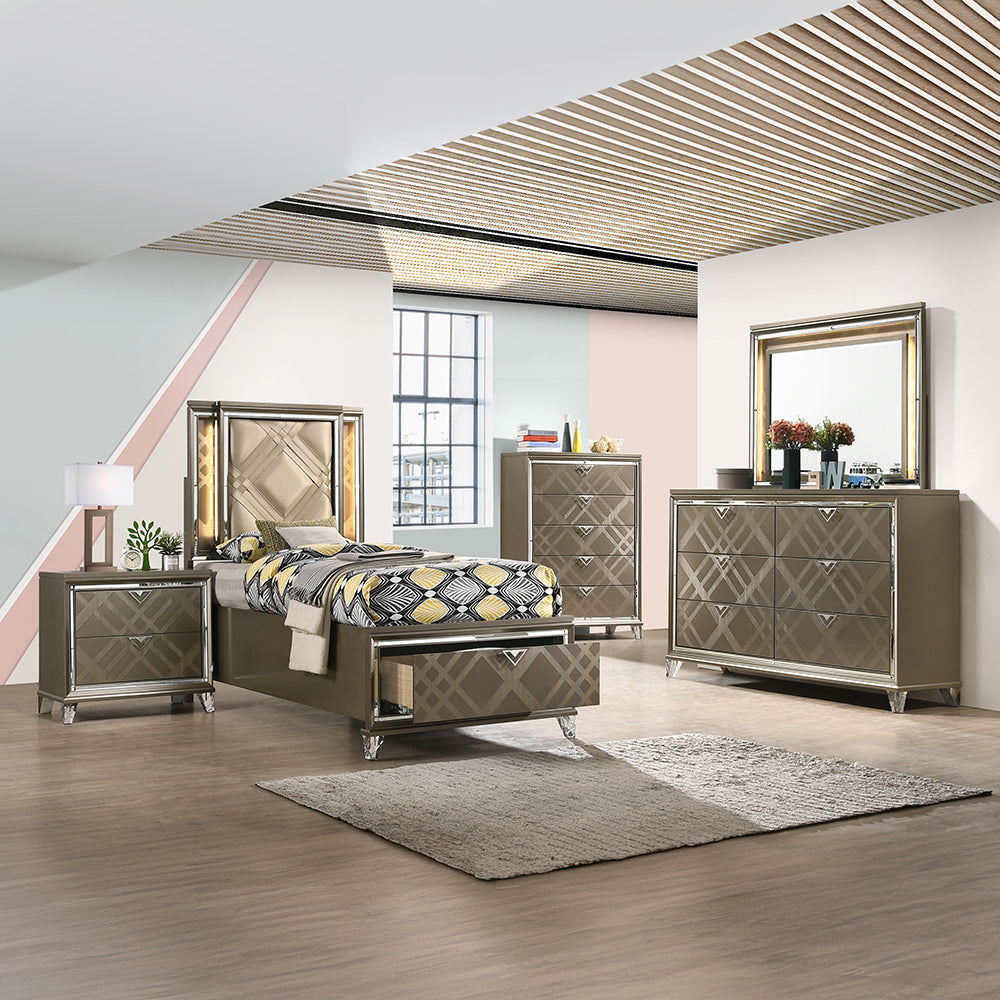 Rawat Skylar Full Dark Champagne Synthetic Leather Bed – Modern Storage Design with LED Headboard
