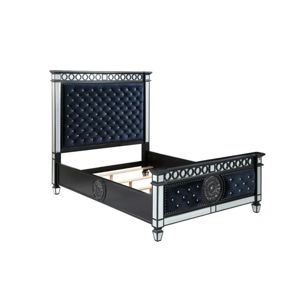 Varian II Queen Bed, Mirrored, Dark Navy Velvet & Black & Silver Finish