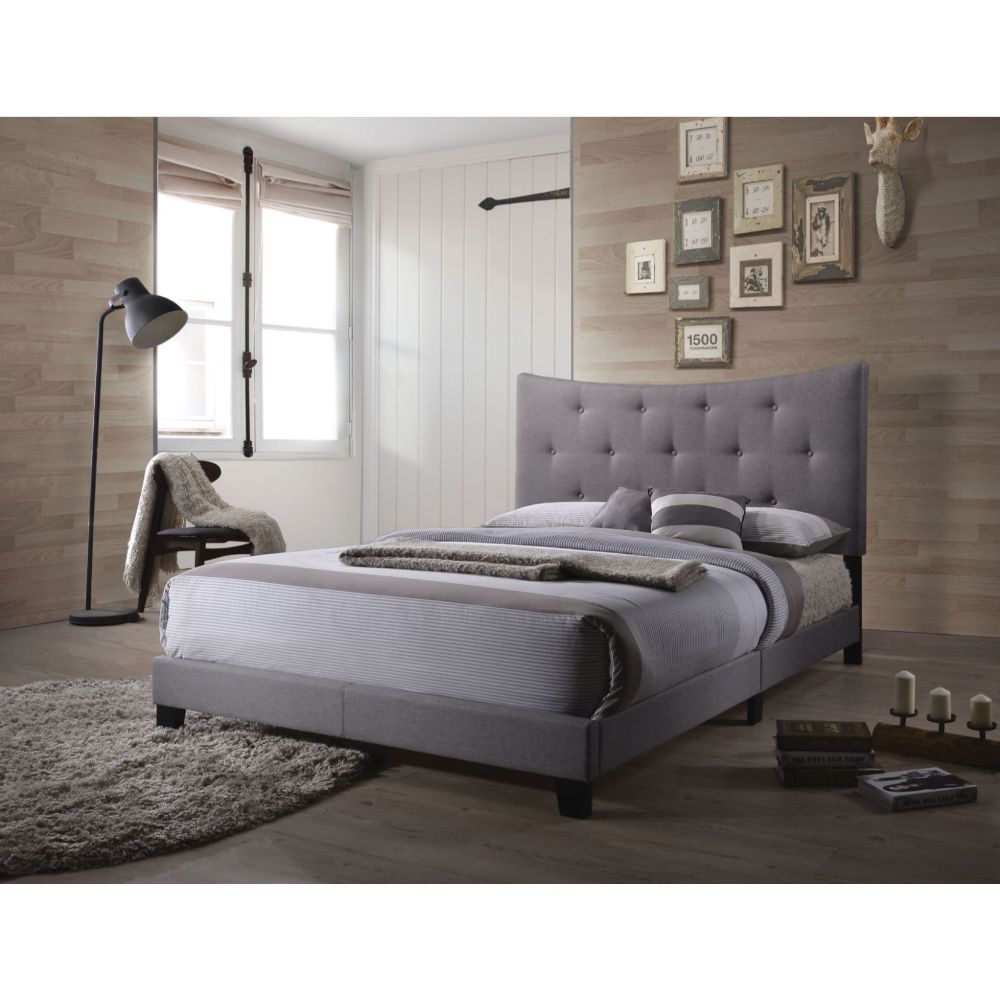 Naya Venacha Collection Queen Size Gray Fabric Bed Frame – Upholstered Panel Design Platform Bed