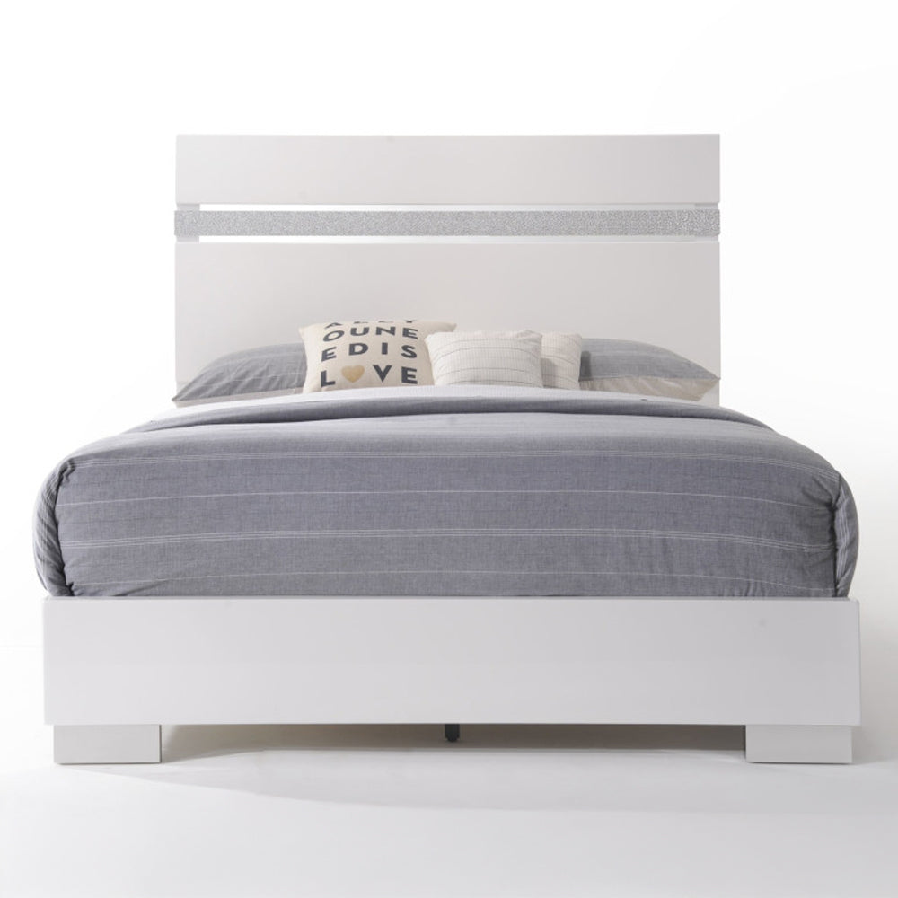 Ajula Naima II Queen Size Bed White High Gloss – Contemporary Wooden Panel Bed