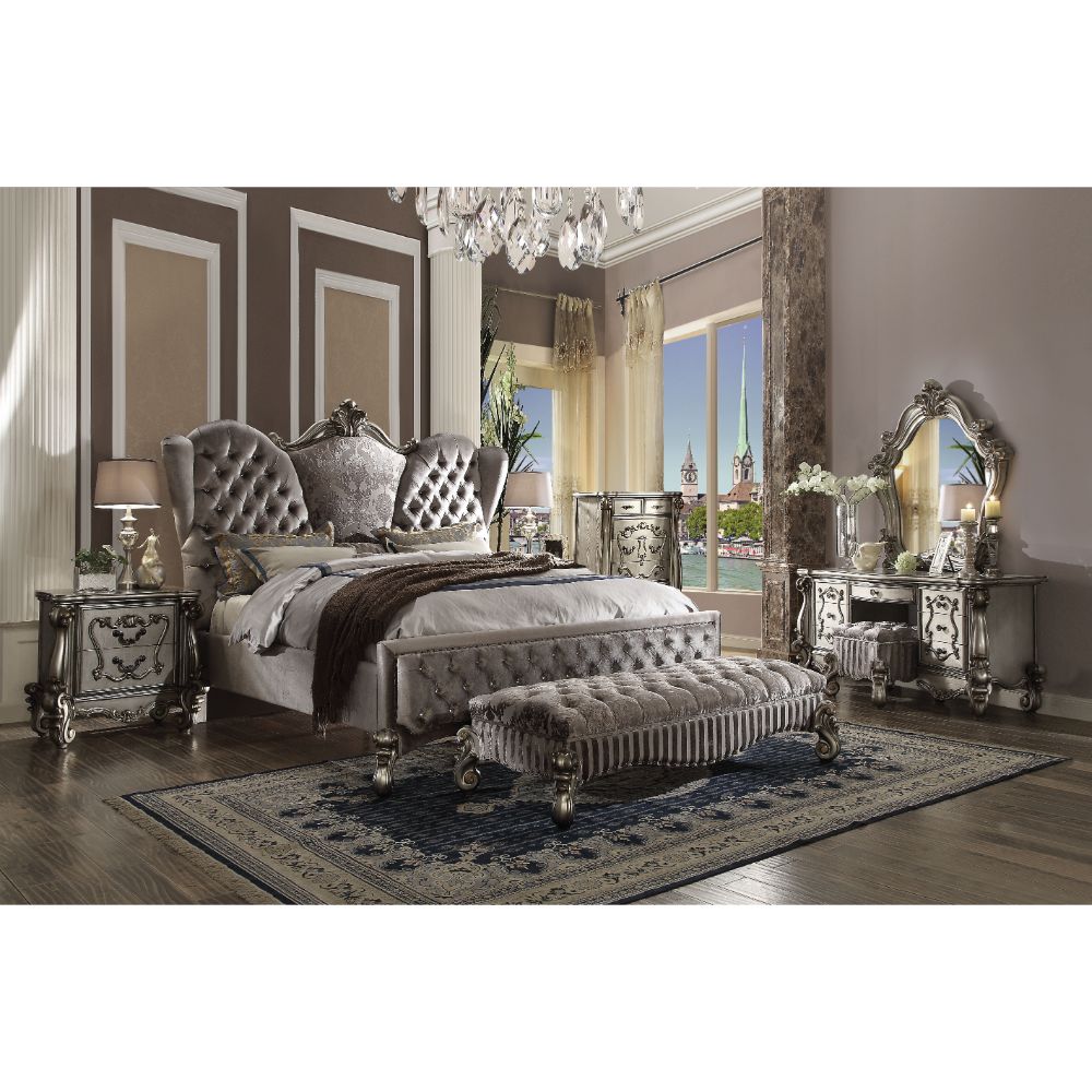 Mundan Versailles CK Vintage White Wood Bed – Classic Carved Frame & Faux Leather