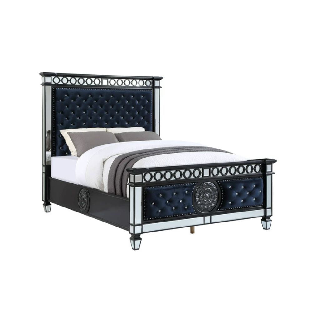 Varian II Queen Bed, Mirrored, Dark Navy Velvet & Black & Silver Finish