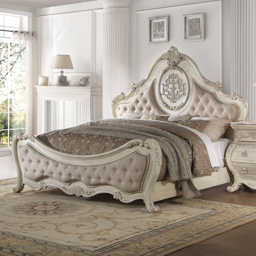 Ragenardus CK Bed, Beige Linen & Antique White