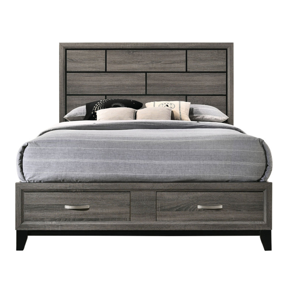 Shiro Valdemar Eastern King Weathered Gray Storage Bed – Modern Platform Bed with Grooved Headboard & Built-in Drawers