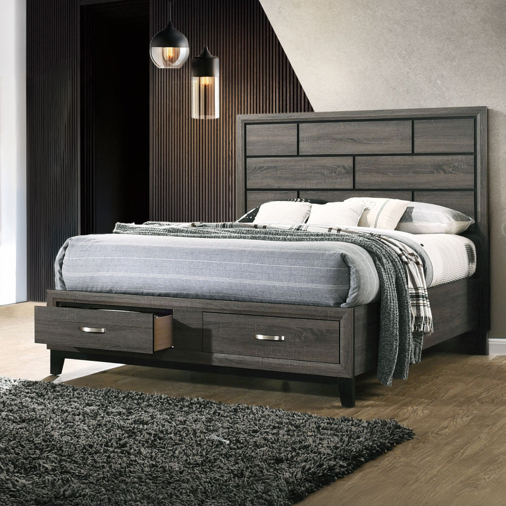 Shiro Valdemar Eastern King Weathered Gray Storage Bed – Modern Platform Bed with Grooved Headboard & Built-in Drawers