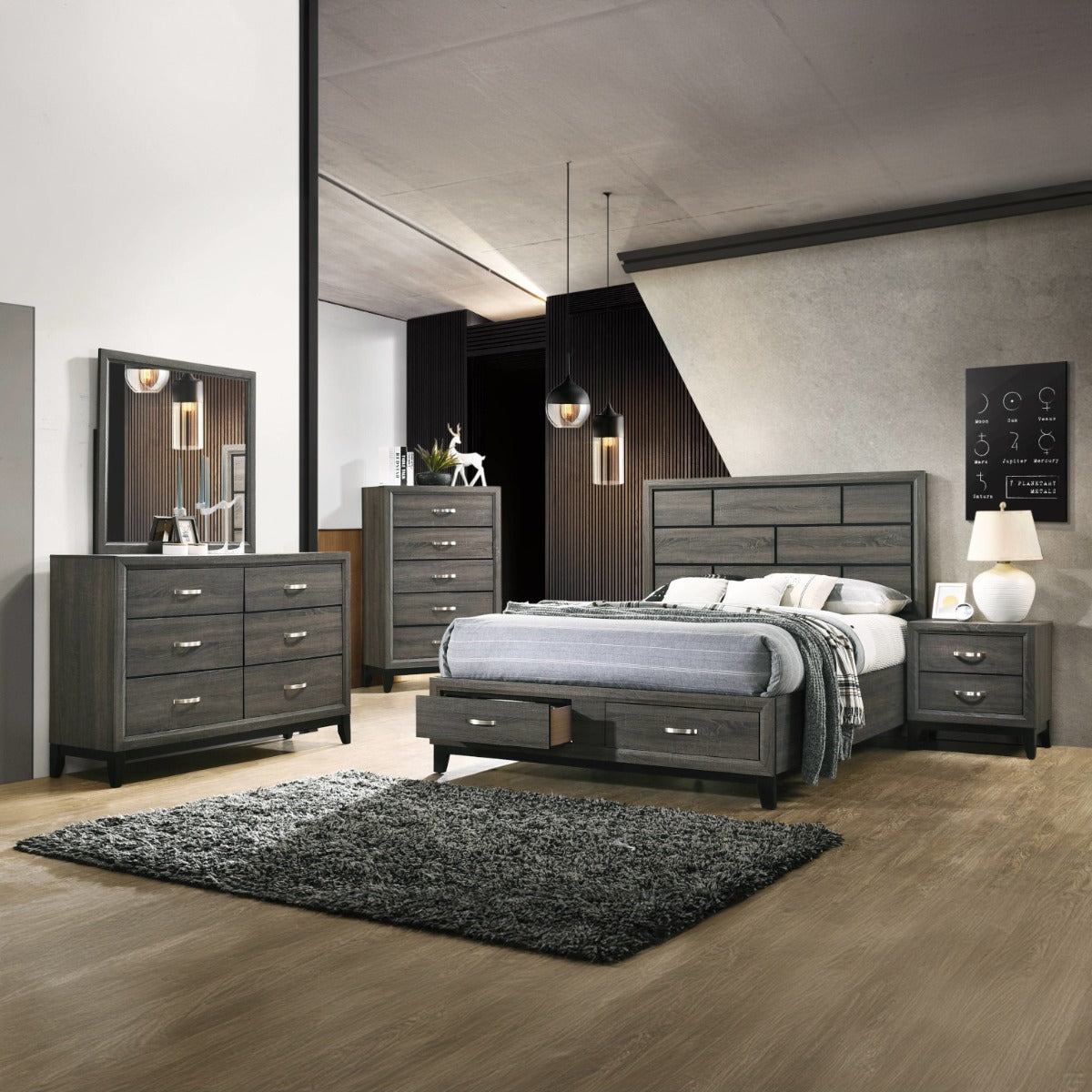 Shiro Valdemar Eastern King Weathered Gray Storage Bed – Modern Platform Bed with Grooved Headboard & Built-in Drawers