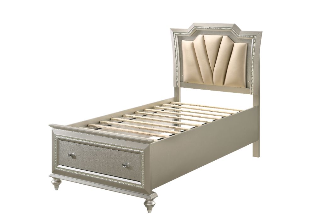 Claire Kaitlyn Full Faux Leather Storage Bed – Champagne with LED Headboard