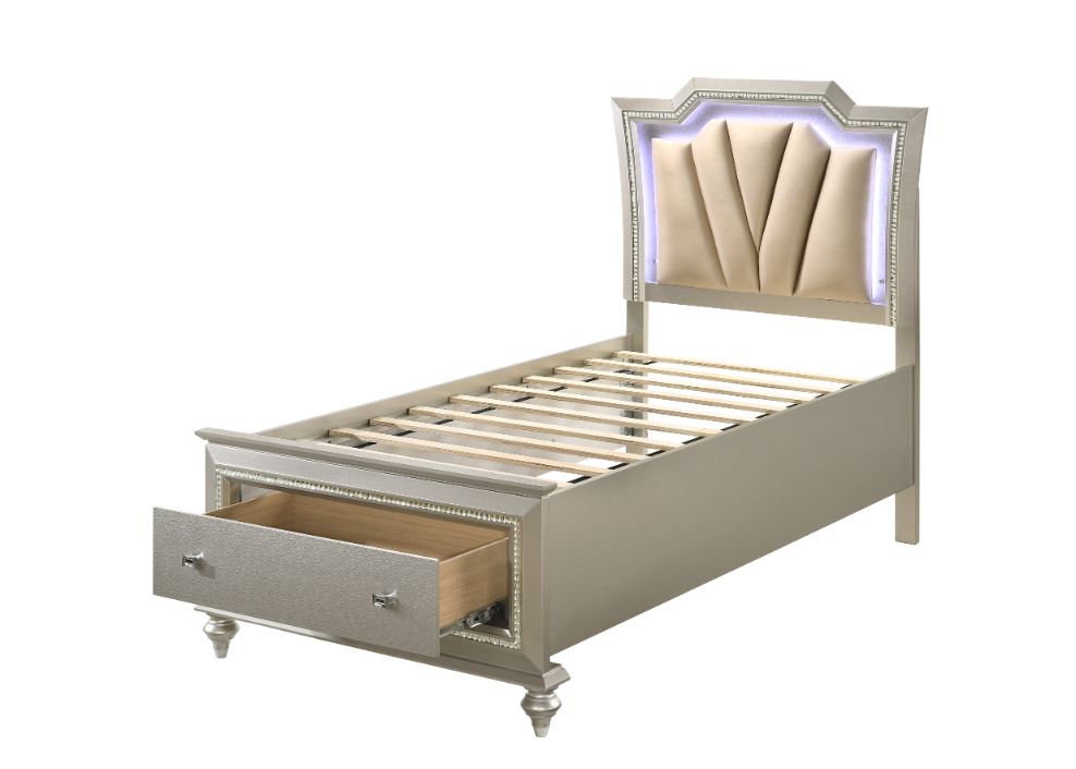 Claire Kaitlyn Full Faux Leather Storage Bed – Champagne with LED Headboard