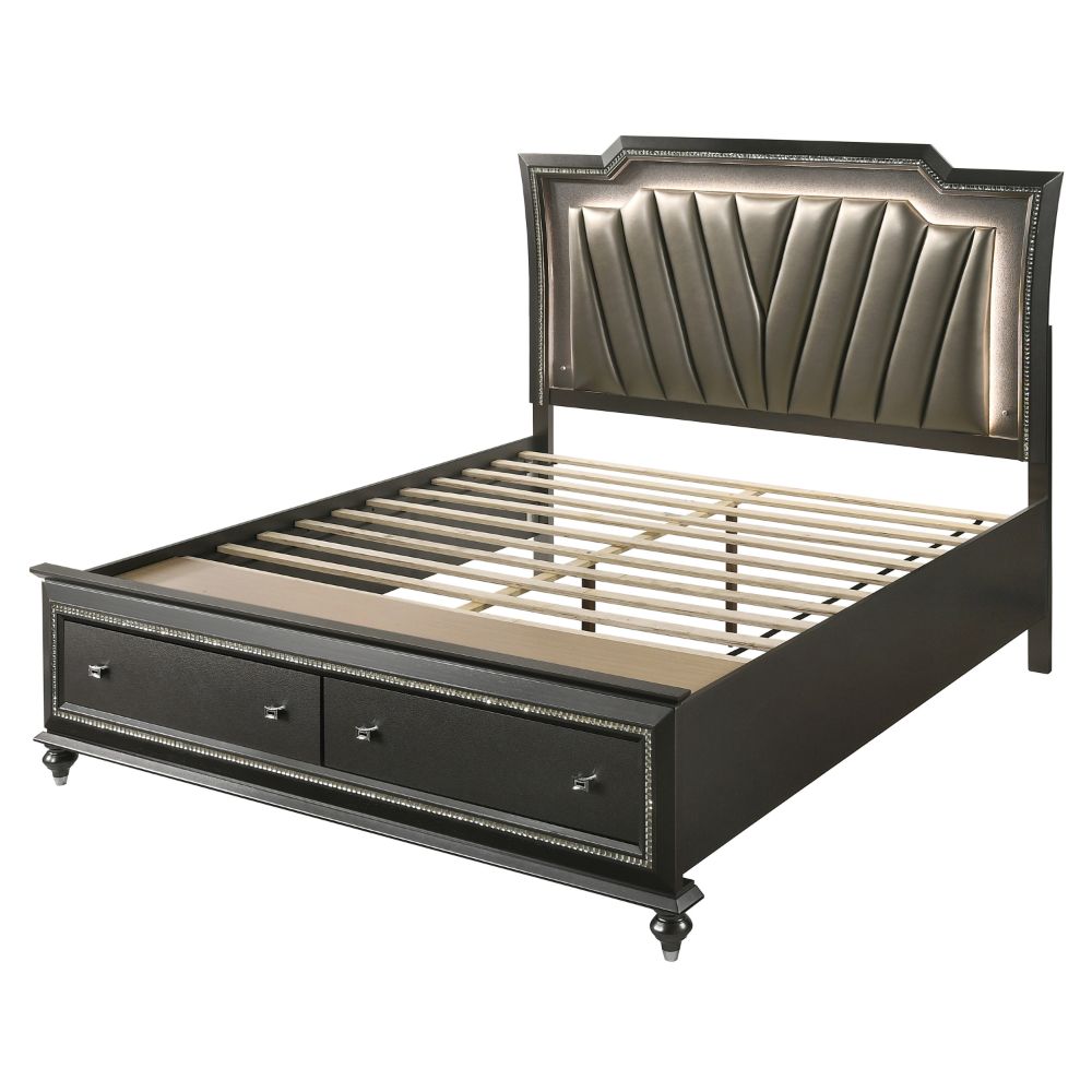 Kaitlyn Eastern King Bed w/Storage & LED, Synthetic Leather & Metallic Gray