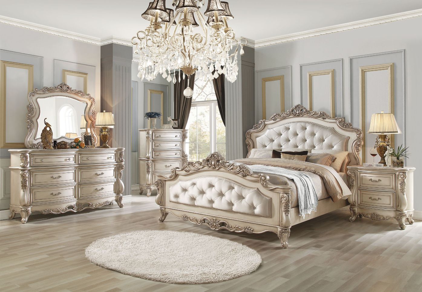 Provincial Gorsedd Queen Fabric Wooden Bed – Traditional Golden Ivory with Decorative Carvings