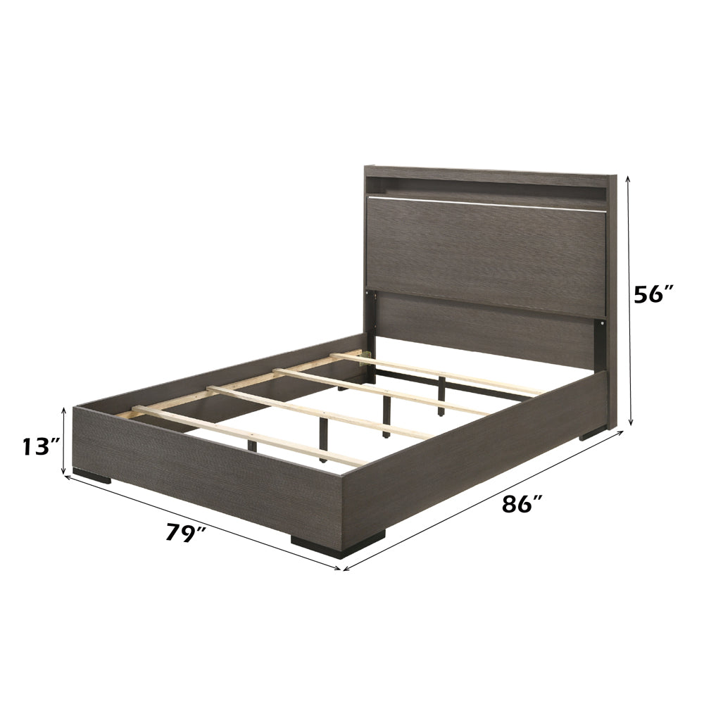 Vino Escher Eastern King Gray Oak Wood Bed – Contemporary Panel Design with LED Headboard