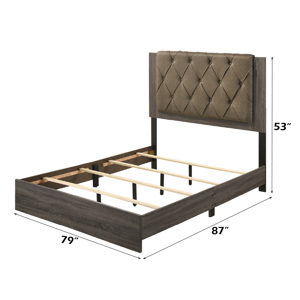 Sally Eastern King Rustic Gray Oak Fabric Platform Bed – Transitional Button Tufted Headboard