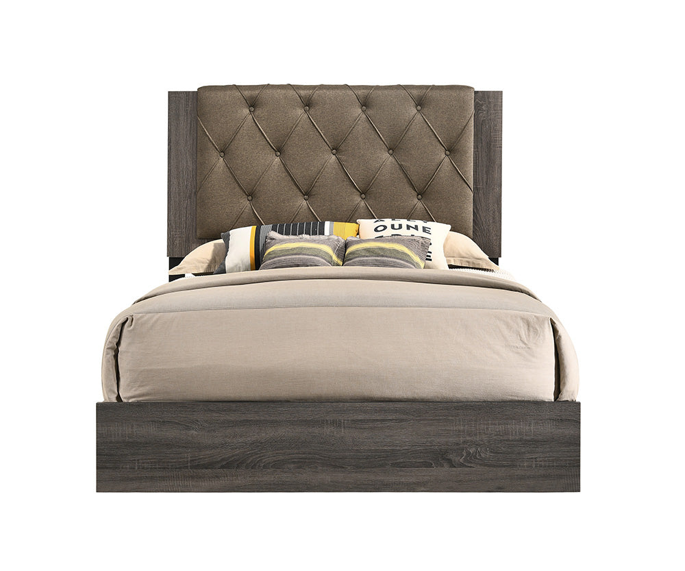 Sally Eastern King Rustic Gray Oak Fabric Platform Bed – Transitional Button Tufted Headboard