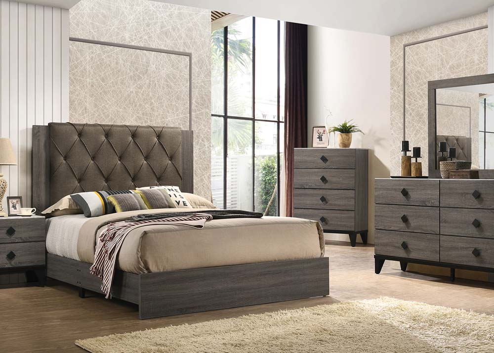 Sally Eastern King Rustic Gray Oak Fabric Platform Bed – Transitional Button Tufted Headboard