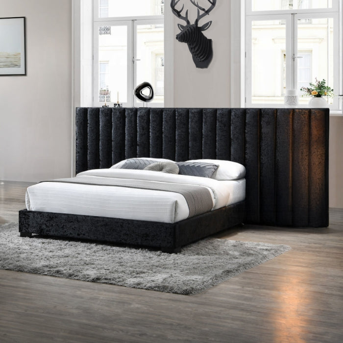 Rivian Rivas Queen Black Crushed Fabric Panel Bed – Contemporary Bedroom Furniture with Button Tufting
