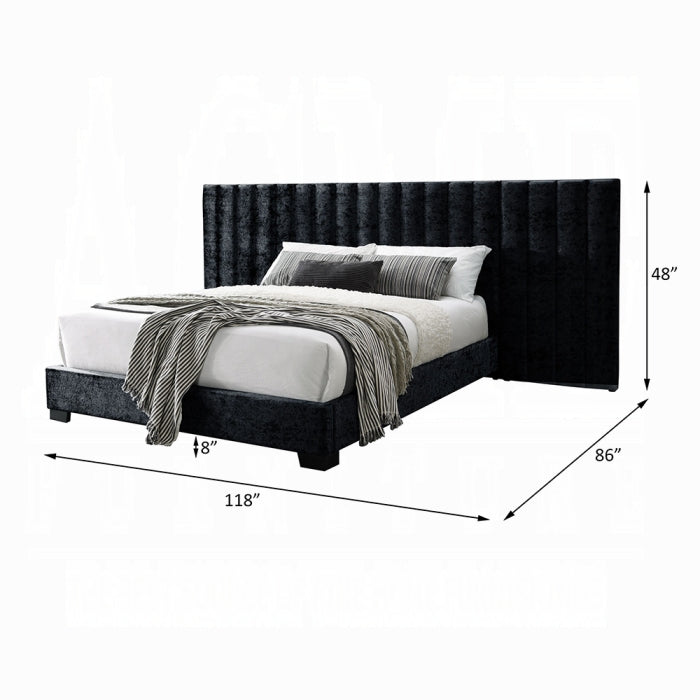 Rivian Rivas Queen Black Crushed Fabric Panel Bed – Contemporary Bedroom Furniture with Button Tufting