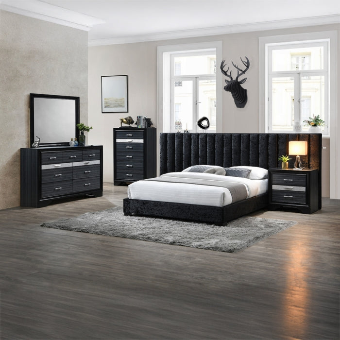 Rivian Rivas Queen Black Crushed Fabric Panel Bed – Contemporary Bedroom Furniture with Button Tufting