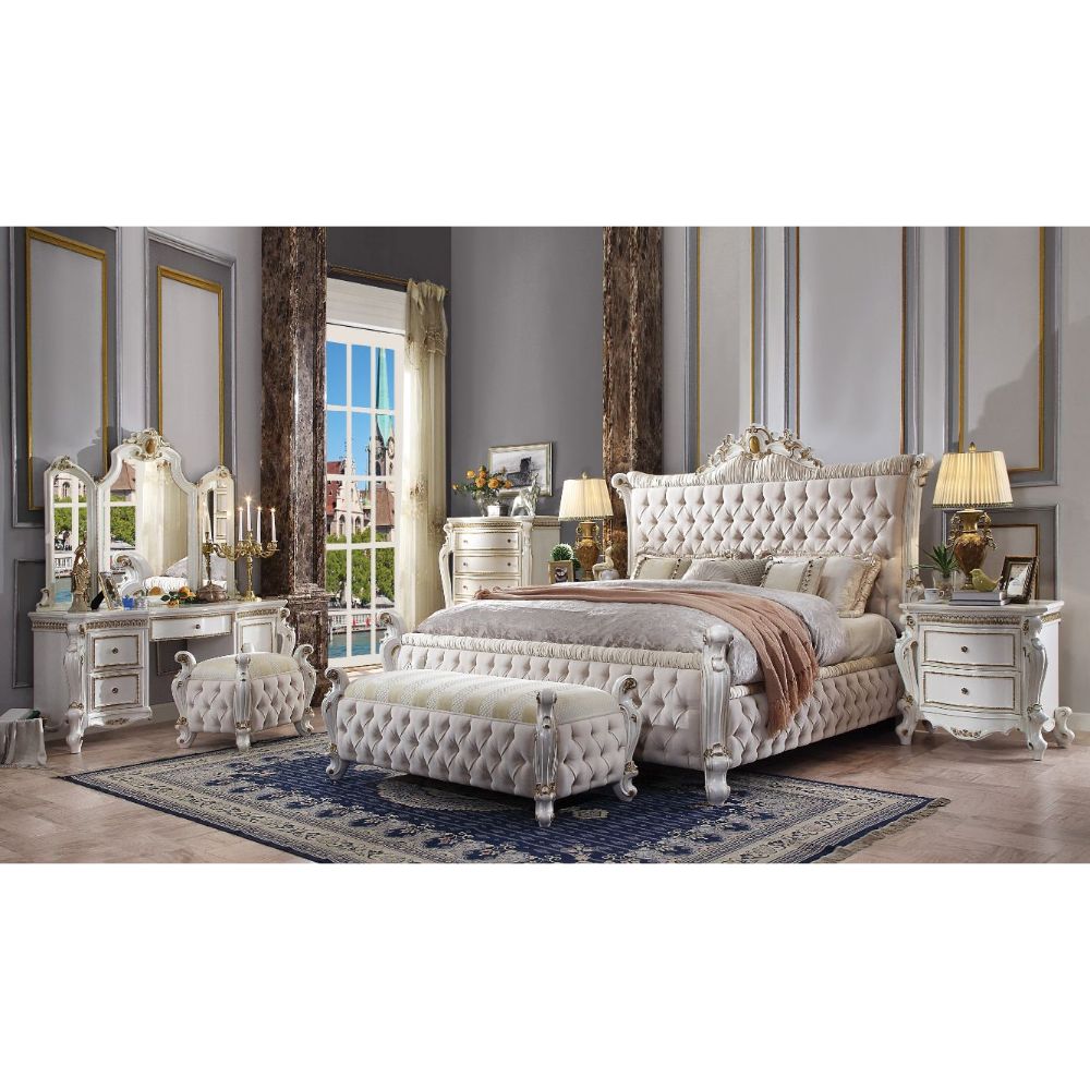 Amuse Picardy Queen Size Antique Pearl Fabric Bed – European Traditional Style with Button Tufted Upholstered Frame