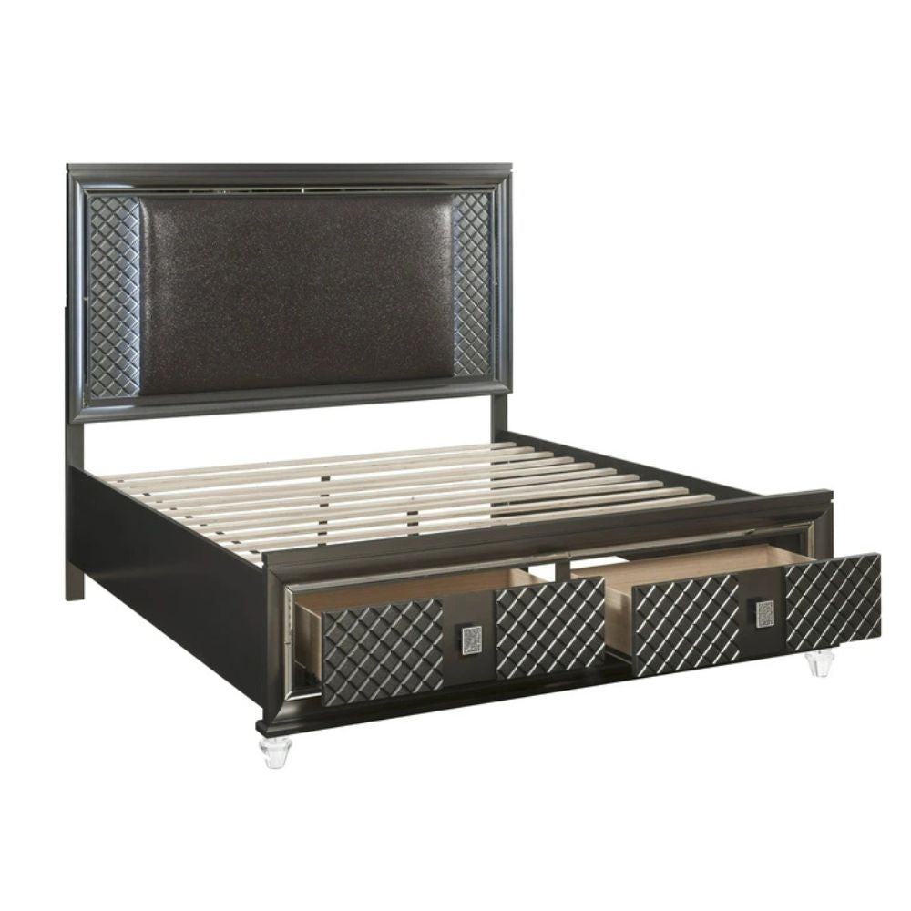 Sawyer Queen Bed w/Storage & LED, Synthetic Leather & Metallic Gray