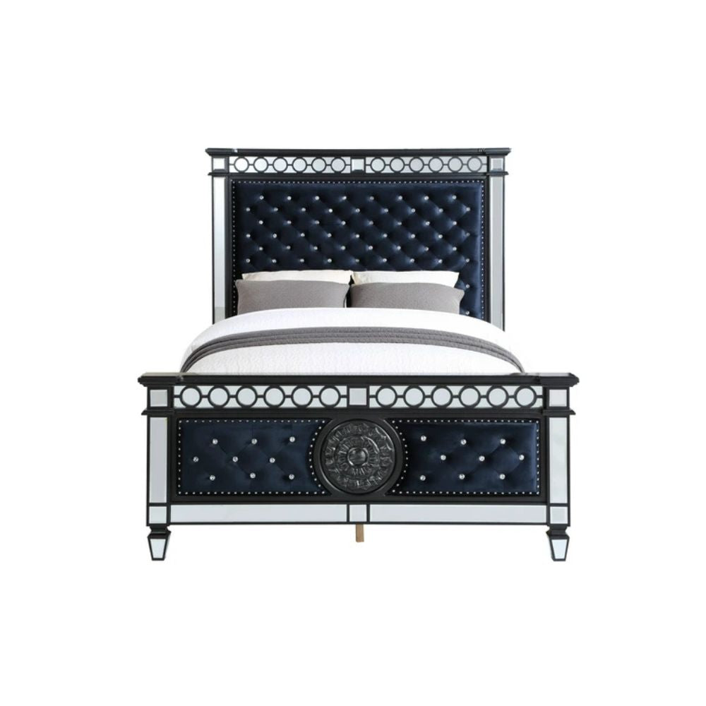 Varian II Queen Bed, Mirrored, Dark Navy Velvet & Black & Silver Finish