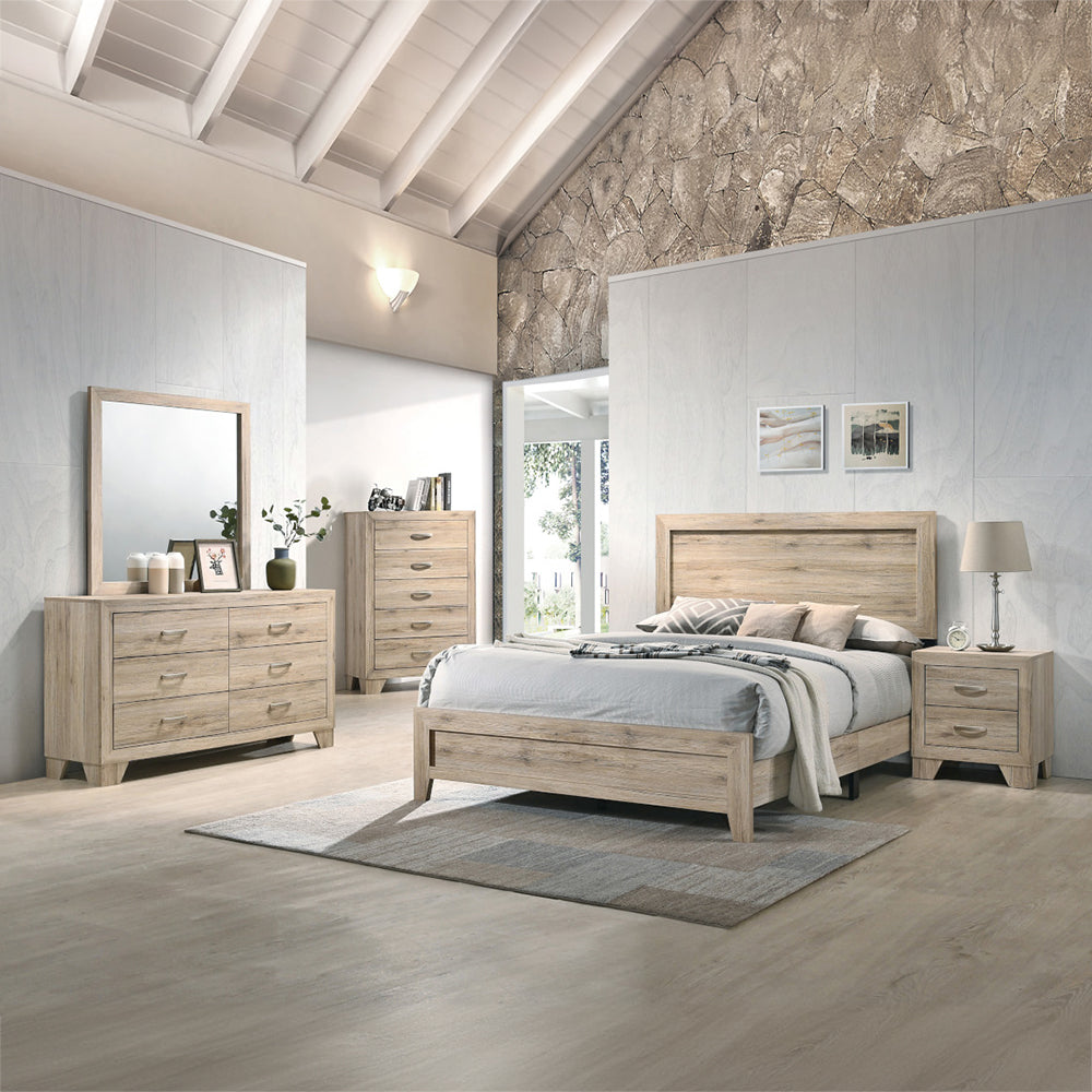 Whisk Miquell King Size Natural Wood Bed – Farmhouse Design with Slatted Headboard