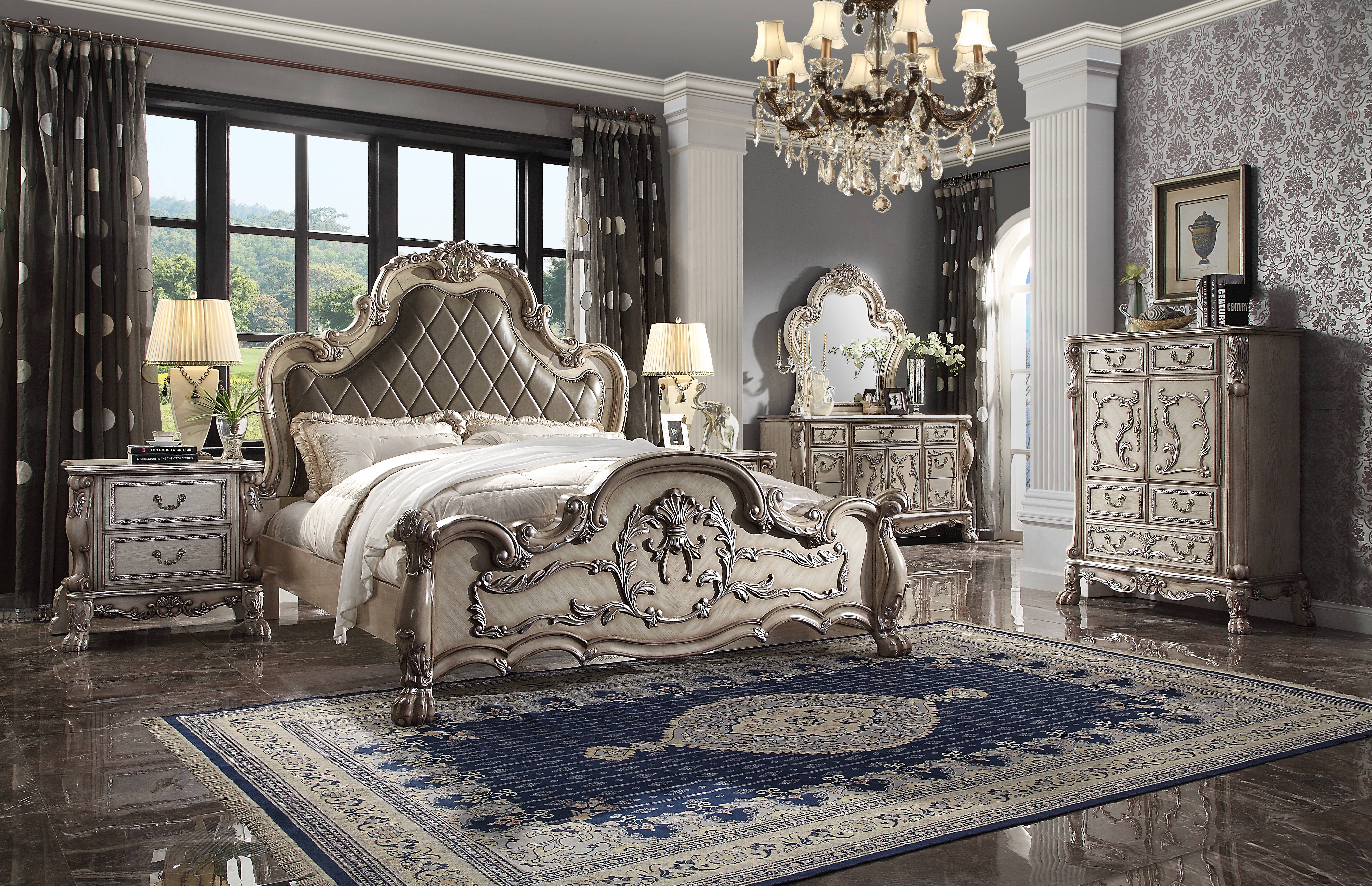 Amara Dresden Collection California King White Bed – Ornate Carved Wood & Upholstered Headboard