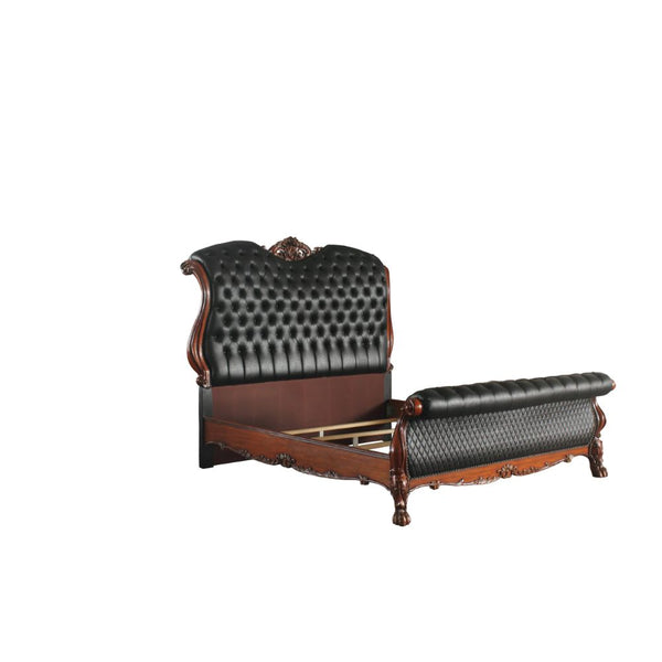 Dresden Collection Queen Bed Leatherette & Cherry Oak – Ornate Carved Wood & Faux Leather Headboard