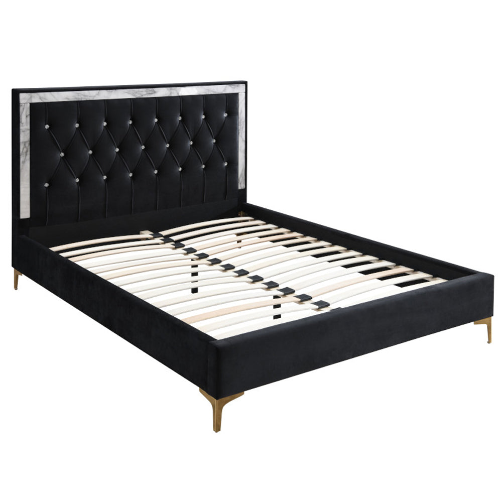 Calla Rowan Eastern King Black Fabric Panel Bed  Modern Upholstered Crystal Tufted Headboard Metal Legs