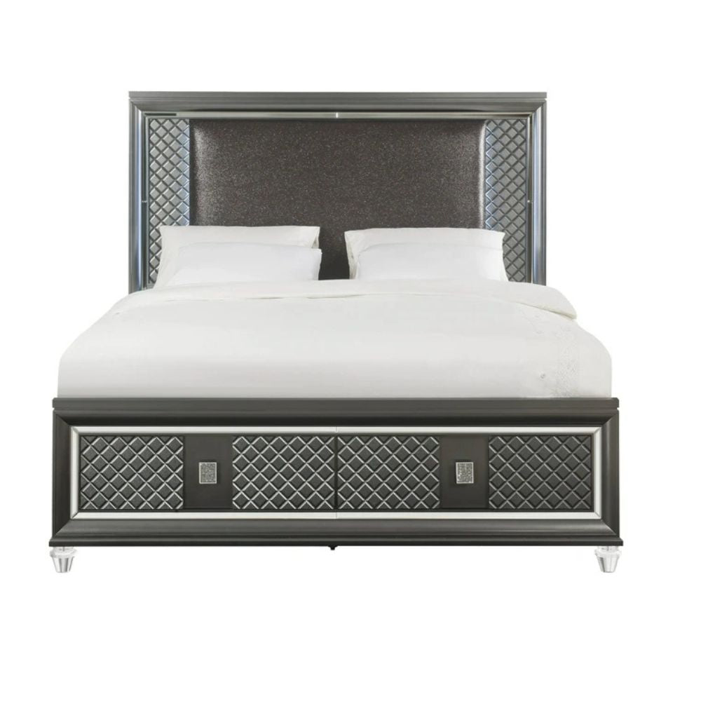 Sawyer Queen Bed w/Storage & LED, Synthetic Leather & Metallic Gray