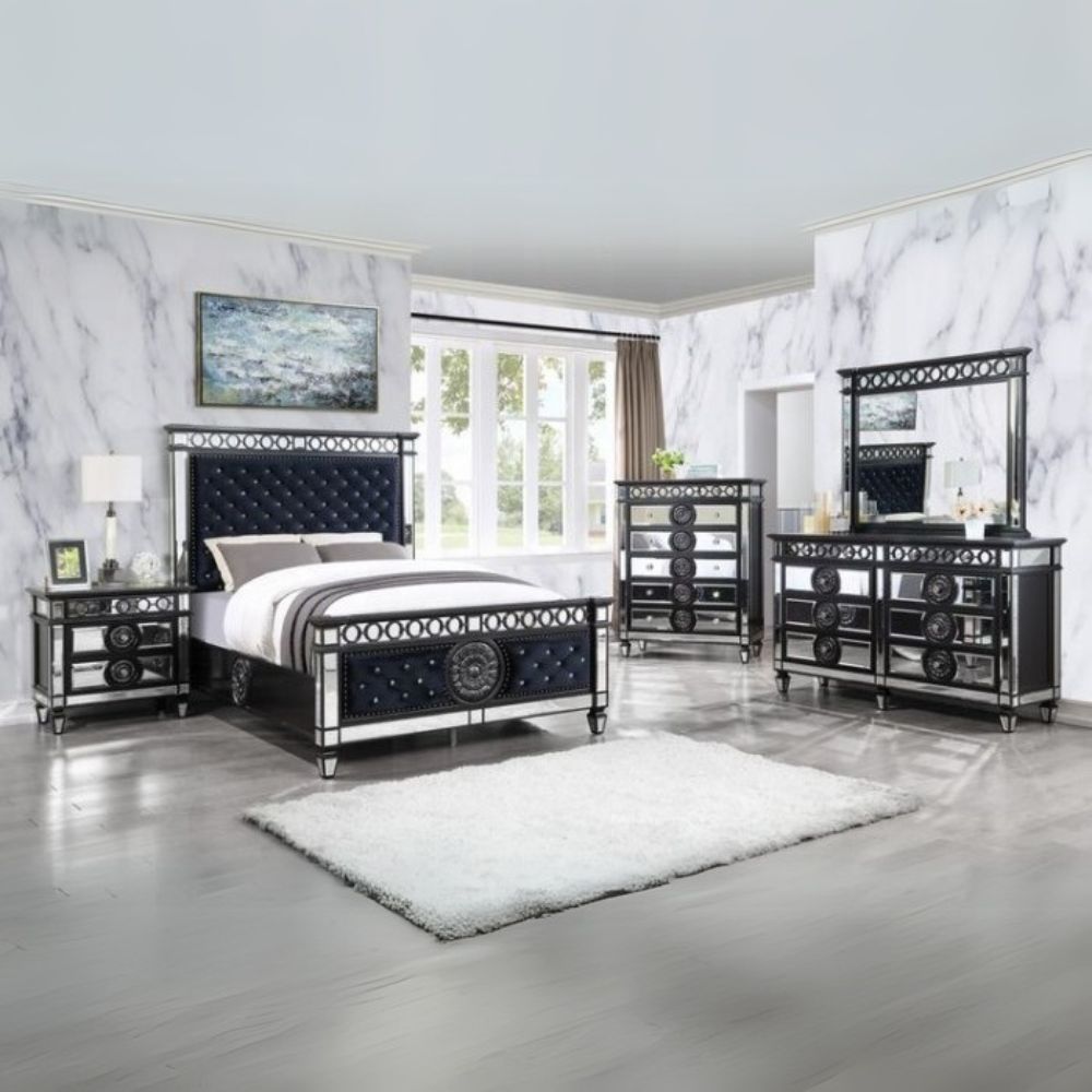 Varian II Queen Bed, Mirrored, Dark Navy Velvet & Black & Silver Finish