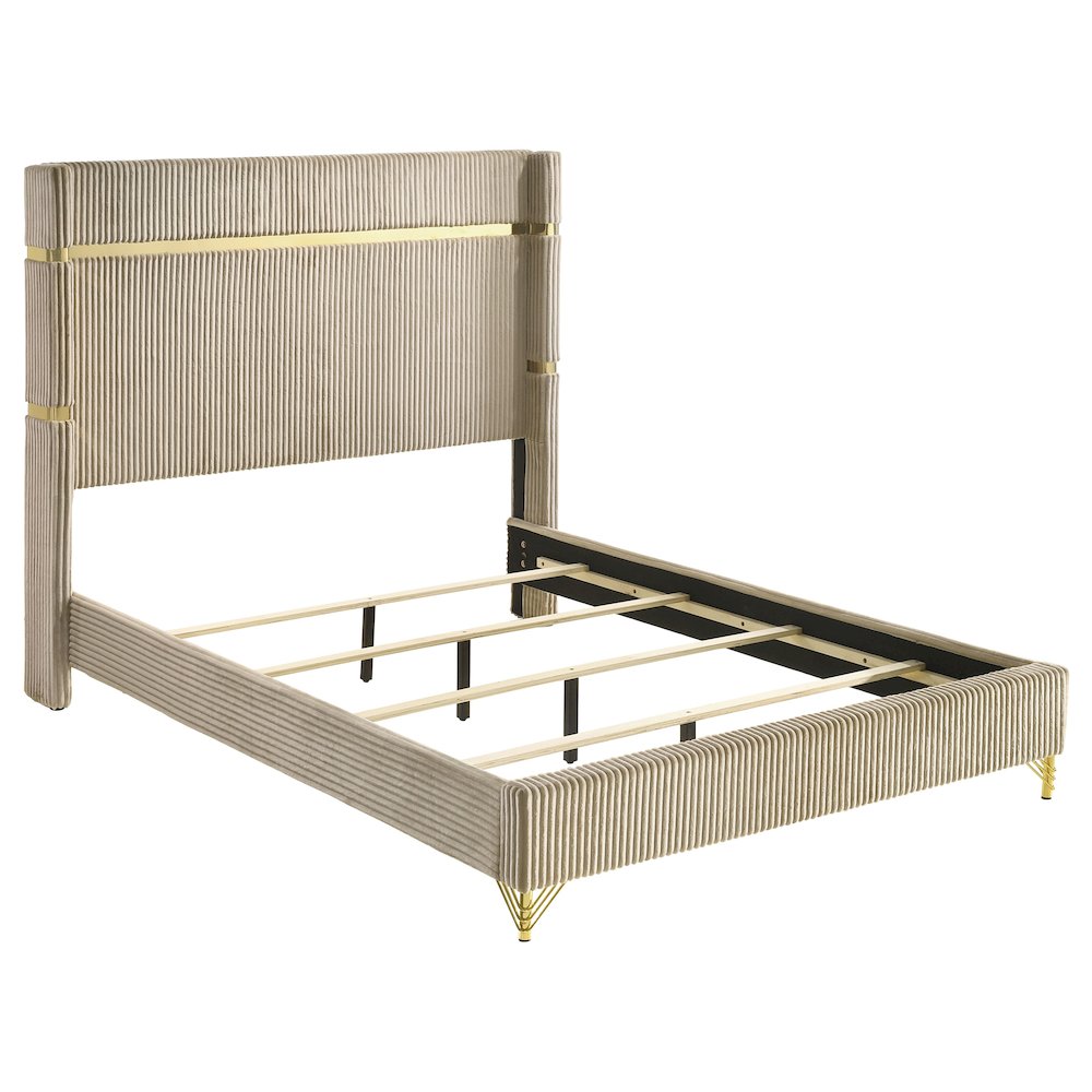 Richard Lucia Collection Queen Beige Velvet Upholstered Wingback Bed – Modern Panel Design with Gold Trim Accents
