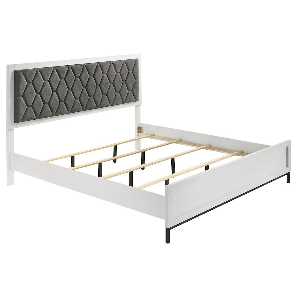 Palma Sonora California King Gray White Wood Panel Bed – Modern Upholstered Platform with Hexagonal Tufted Headboard