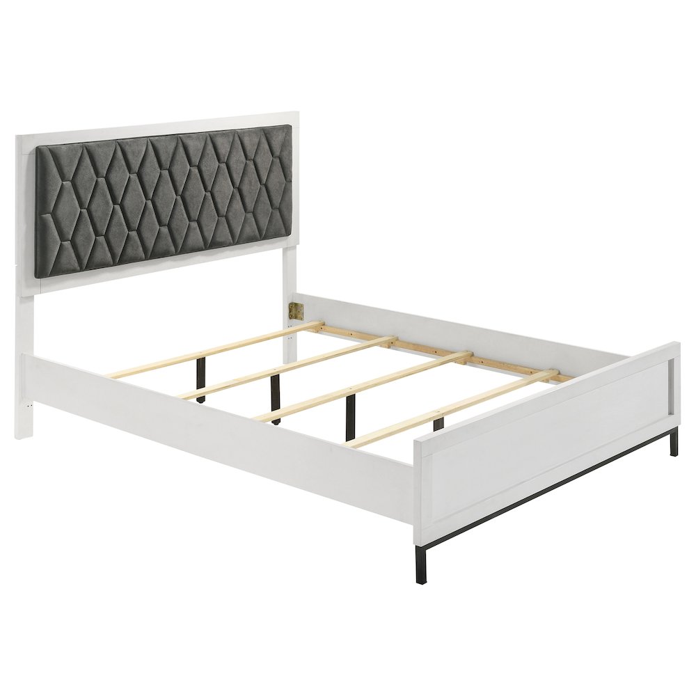 Milana Sonora Queen Contemporary Panel Bed White Wood – Modern Upholstered Headboard with Black Accents
