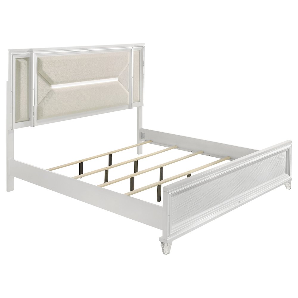 Wasco Marmore Eastern King White Modern Panel Bed – 3D LED Headboard with Mirror Framing & Chrome Accents