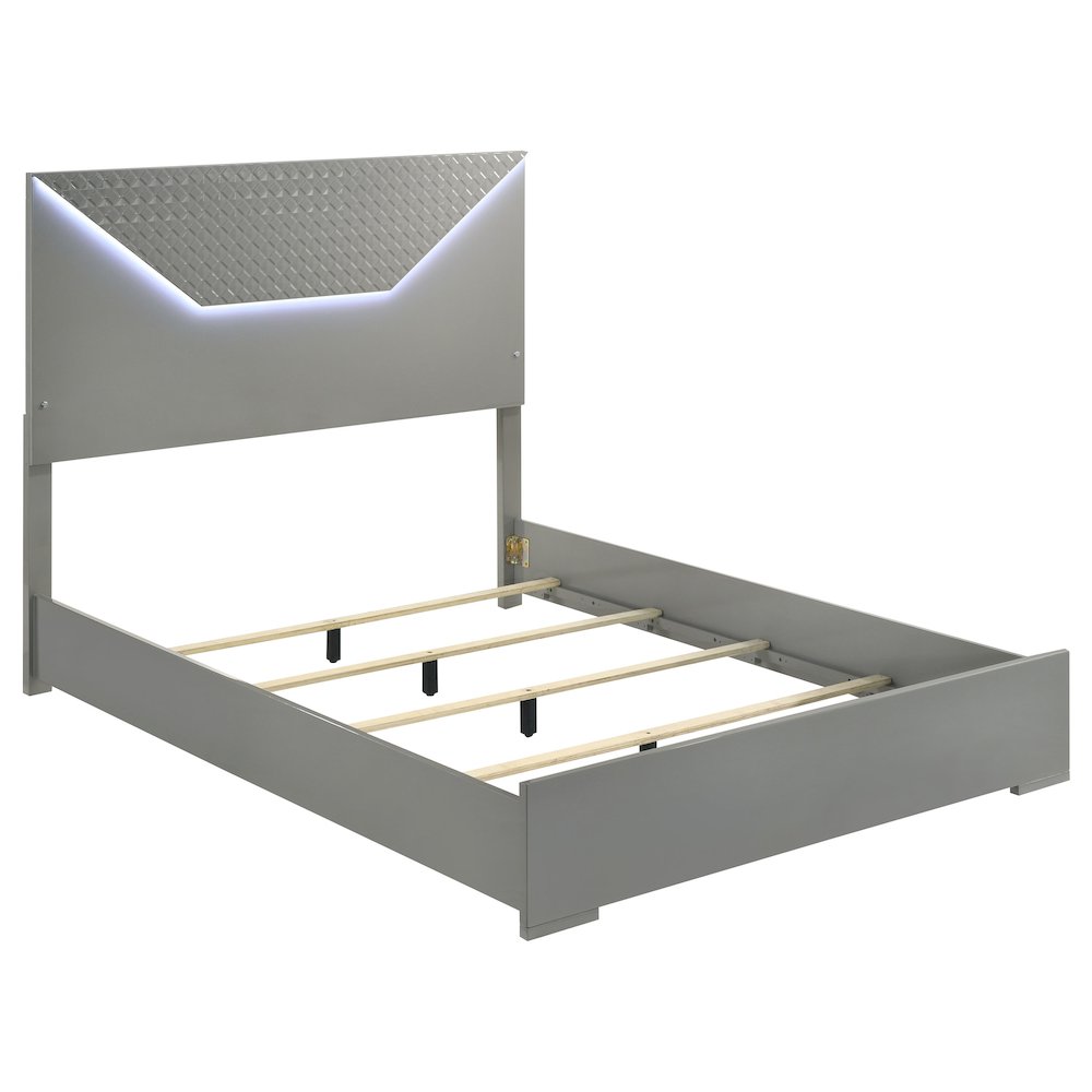 Lee Ives Queen Panel Bed LED Headboard – Grey High Gloss Contemporary Design with 3D Diamond Emboss