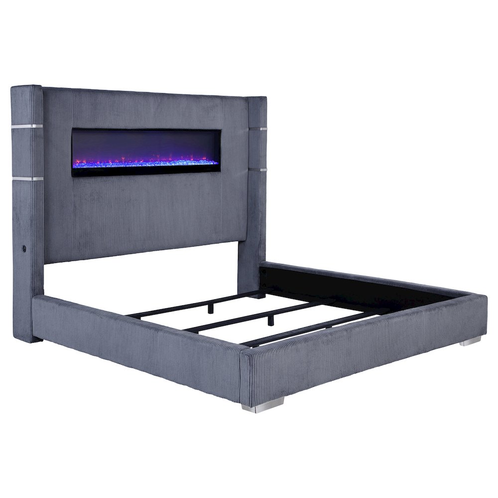 Wilimsum Tisdall Eastern King Grey Corduroy Upholstered Panel Bed – Wingback Style with Built-In Electric Fireplace
