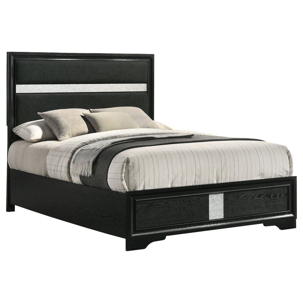 Hero Miranda 54-Inch Full Black Fabric Panel Bed – Contemporary Upholstered with Sparkling Trim