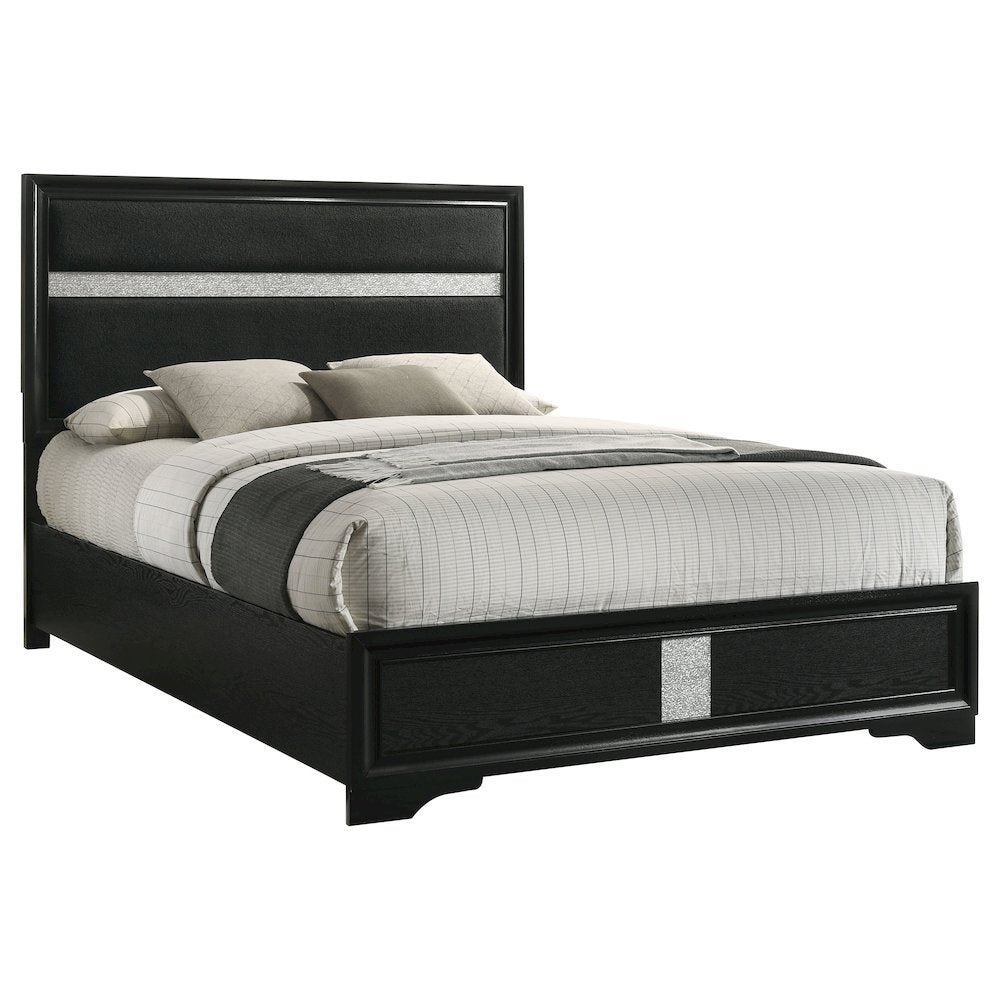 Jona Miranda California King Black Upholstered Panel Bed – Modern Tuxedo Style with Sparkling Trim
