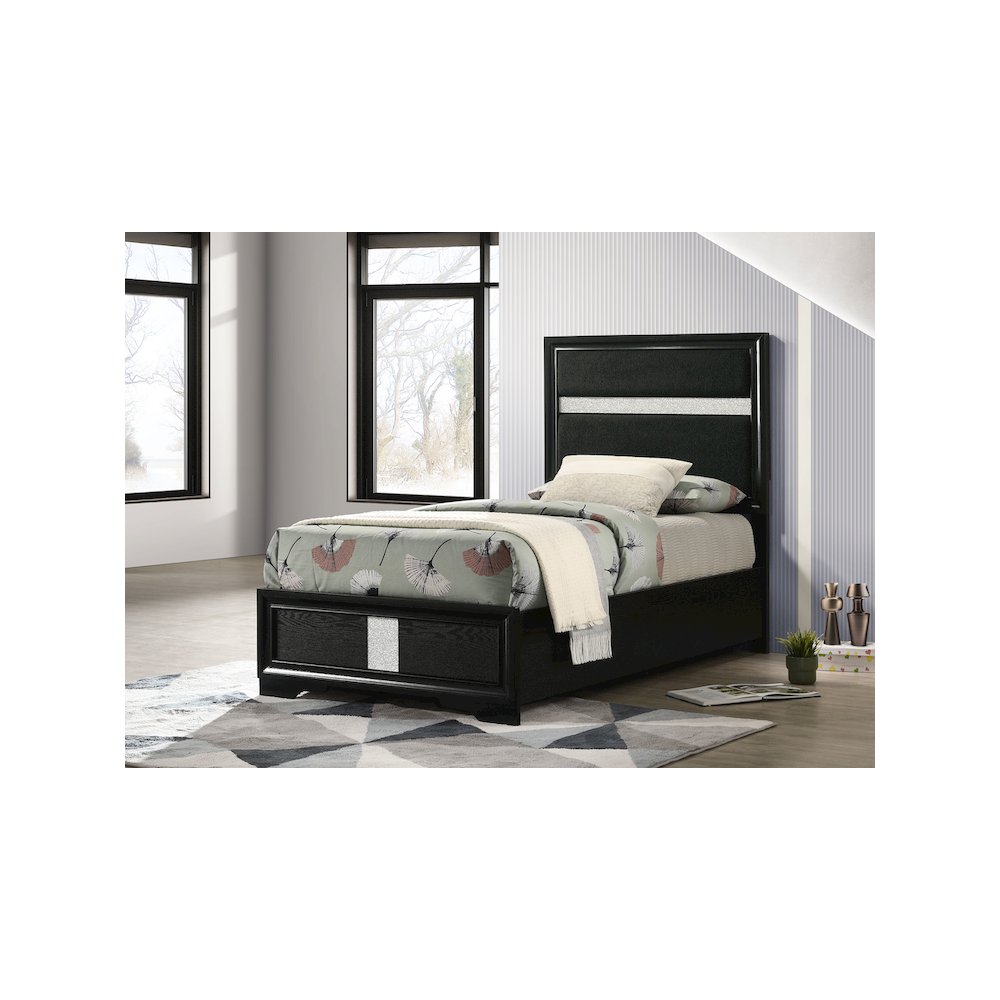 Kasol Miranda Twin Black Upholstered Panel Bed – Foam Cushioned Headboard with Sparkle Trim