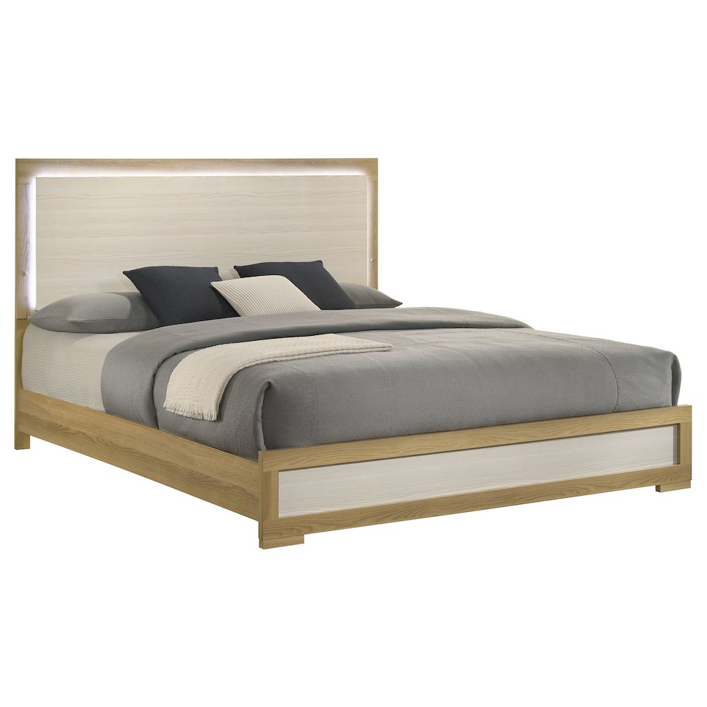 Karan Hyland Eastern King Natural Wood Panel Bed – Modern Italian Style LED Touch Lighting Headboard