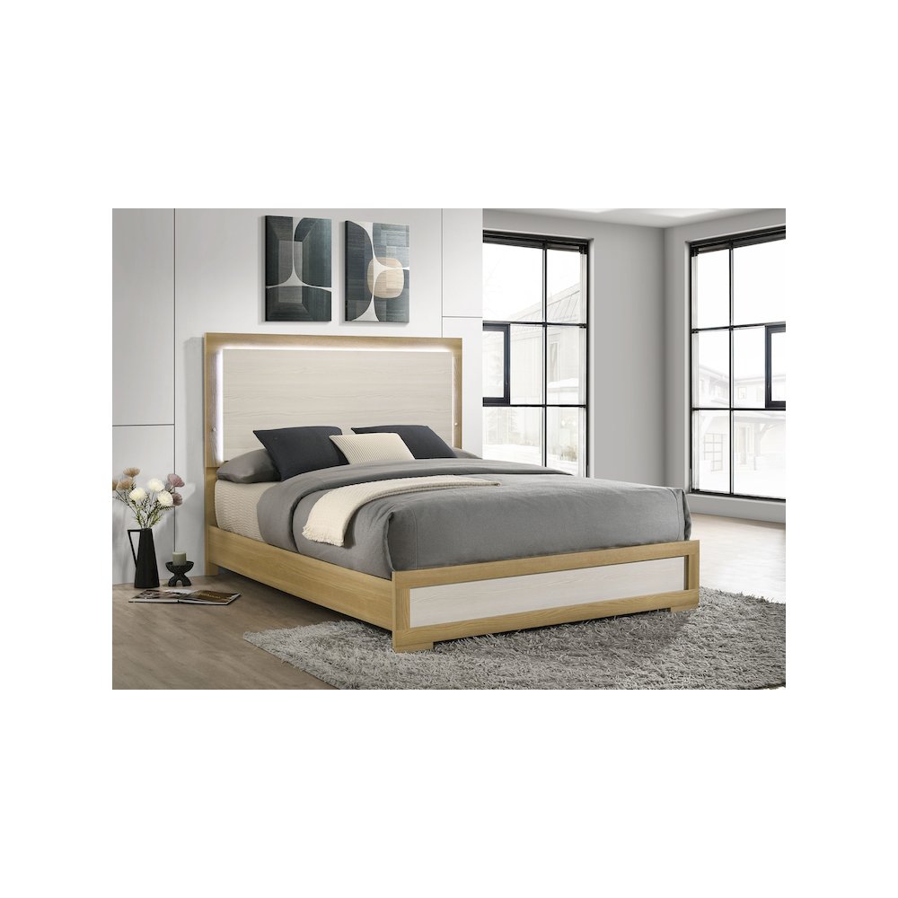 Milton Hyland Queen Natural White Wood Panel Bed – Modern Italian Style LED Touch Lighting Headboard