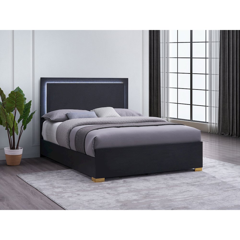 Messi Marceline Queen Black Wood Panel Bed – Contemporary LED Headboard with Touch Controls