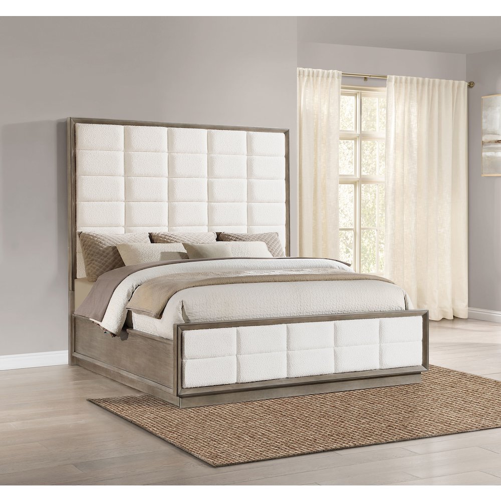 Marit Durango Eastern King Washed Oak Wood Panel Bed – Modern Grid Tufted Upholstered Headboard