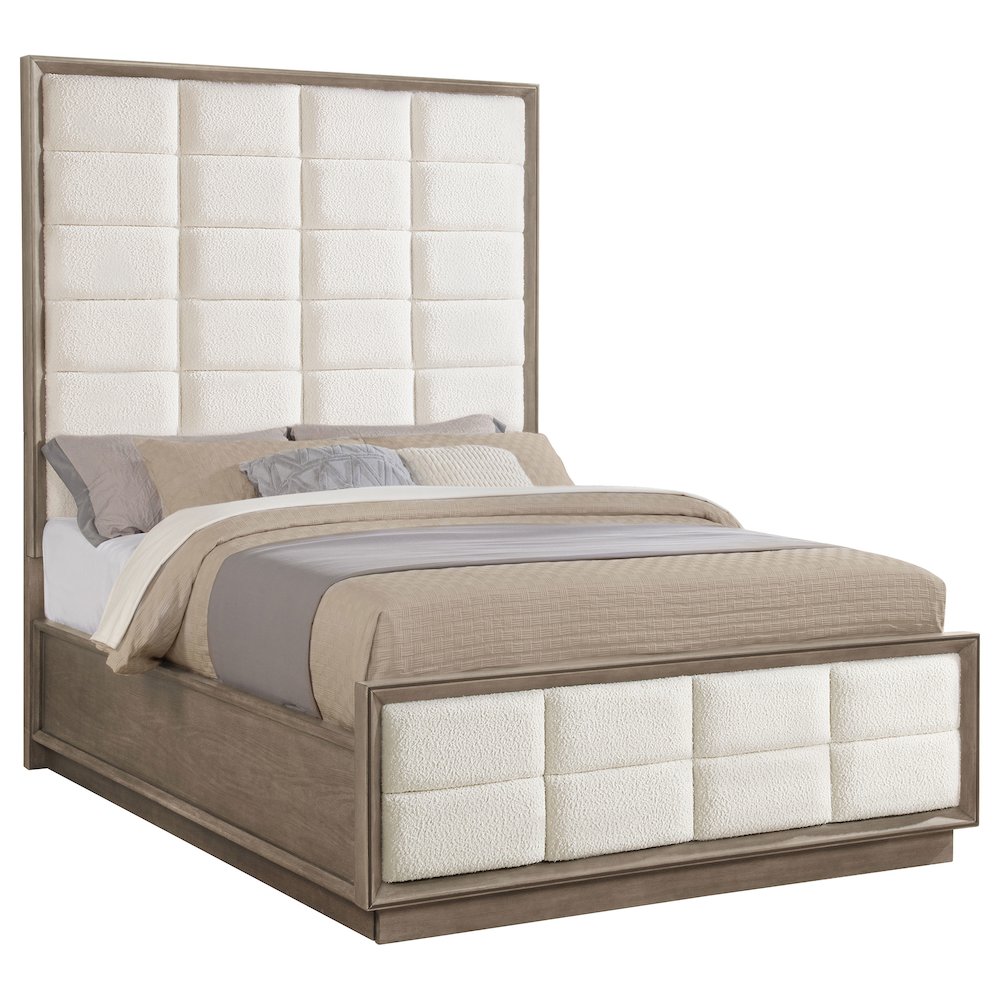 Mariana Durango Queen Washed Oak Wood Panel Bed – Grid Tufted Headboard 600lb Capacity