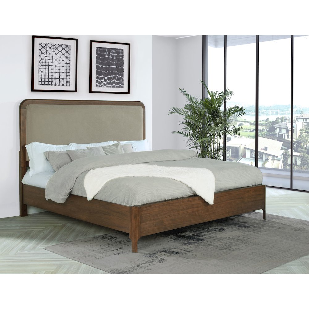 Cheery Maderia 57" Queen Walnut Veneer Panel Bed – Upholstered Headboard with Rounded Corners