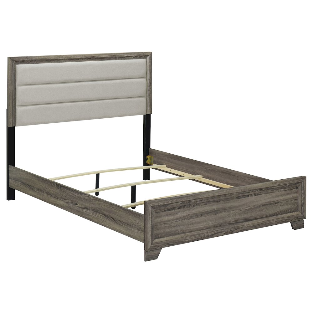 Sloni Wright Eastern King Brown Oak Engineered Wood Bed – Upholstered Panel Bed with Tan Fabric Headboard