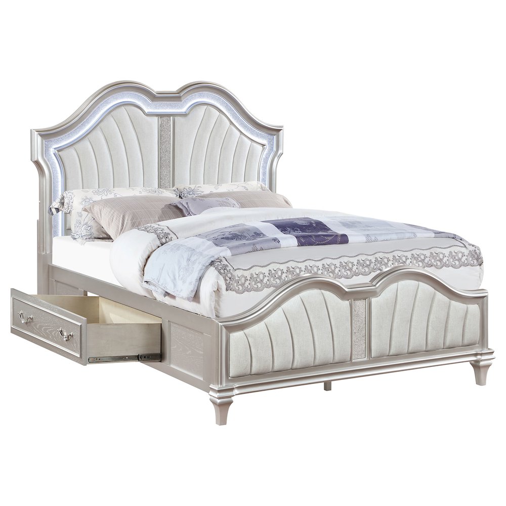 Evangeline Eastern King LED Storage Panel Bed Silver Oak