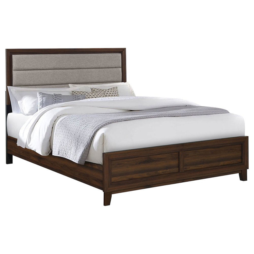 Mazlo Welsley Eastern King Taupe Walnut Upholstered Panel Bed – Modern Clean-Lined Design with Padded Headboard