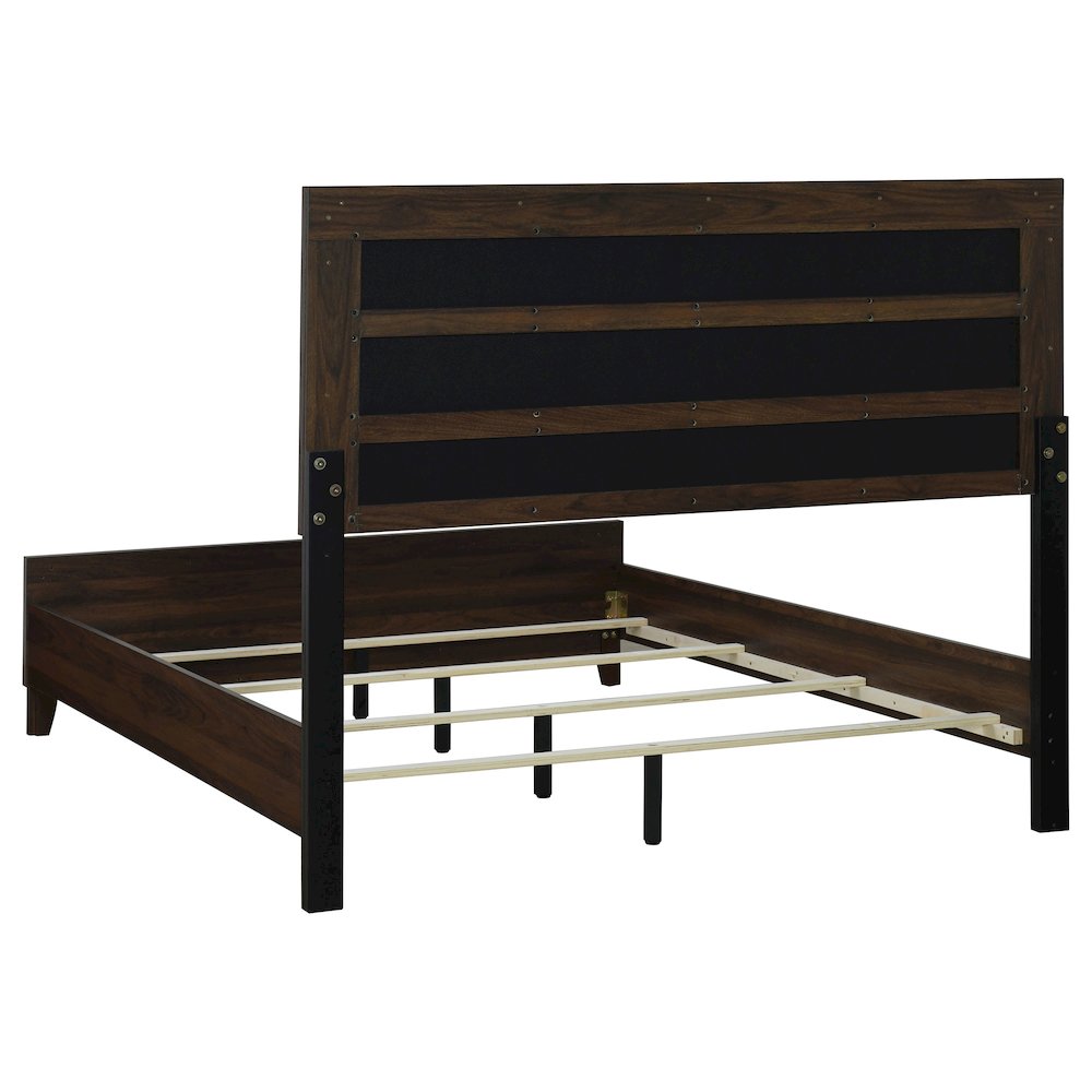 Mazlo Welsley Eastern King Taupe Walnut Upholstered Panel Bed – Modern Clean-Lined Design with Padded Headboard