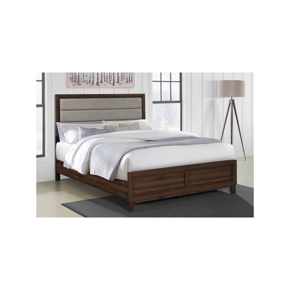 Ashitosh Welsley Queen Walnut Wood Upholstered Panel Bed – Modern Taupe Headboard 50-Inch